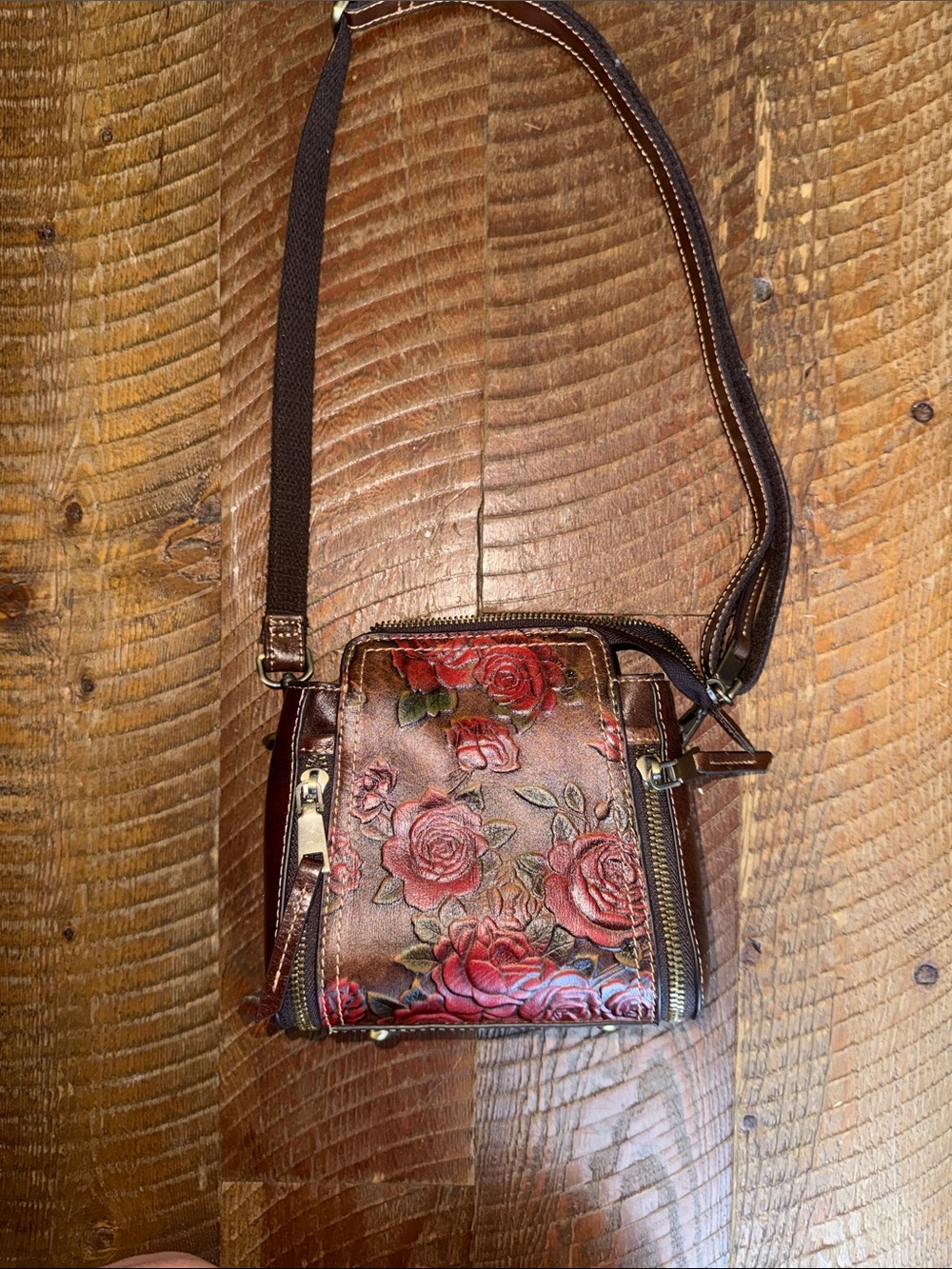 Leather Crossbody Bag with Red Rose Embossing